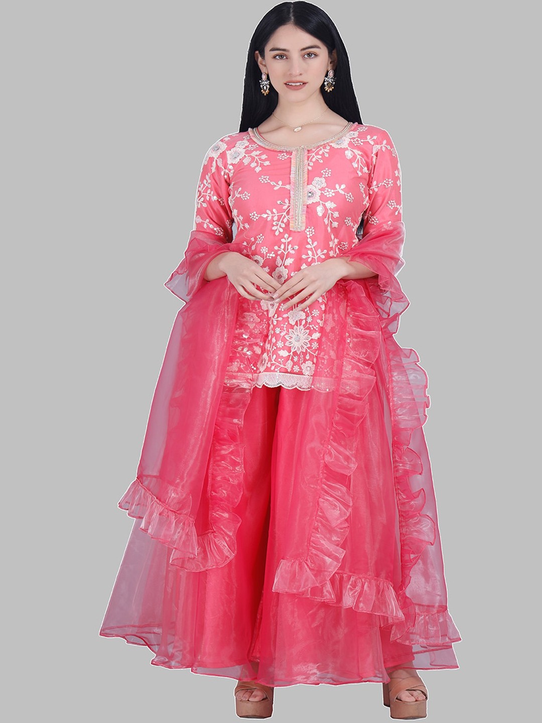 

MILU MADAN Floral Embroidered Round Neck Regular Kurta with Sharara & With Dupatta, Pink