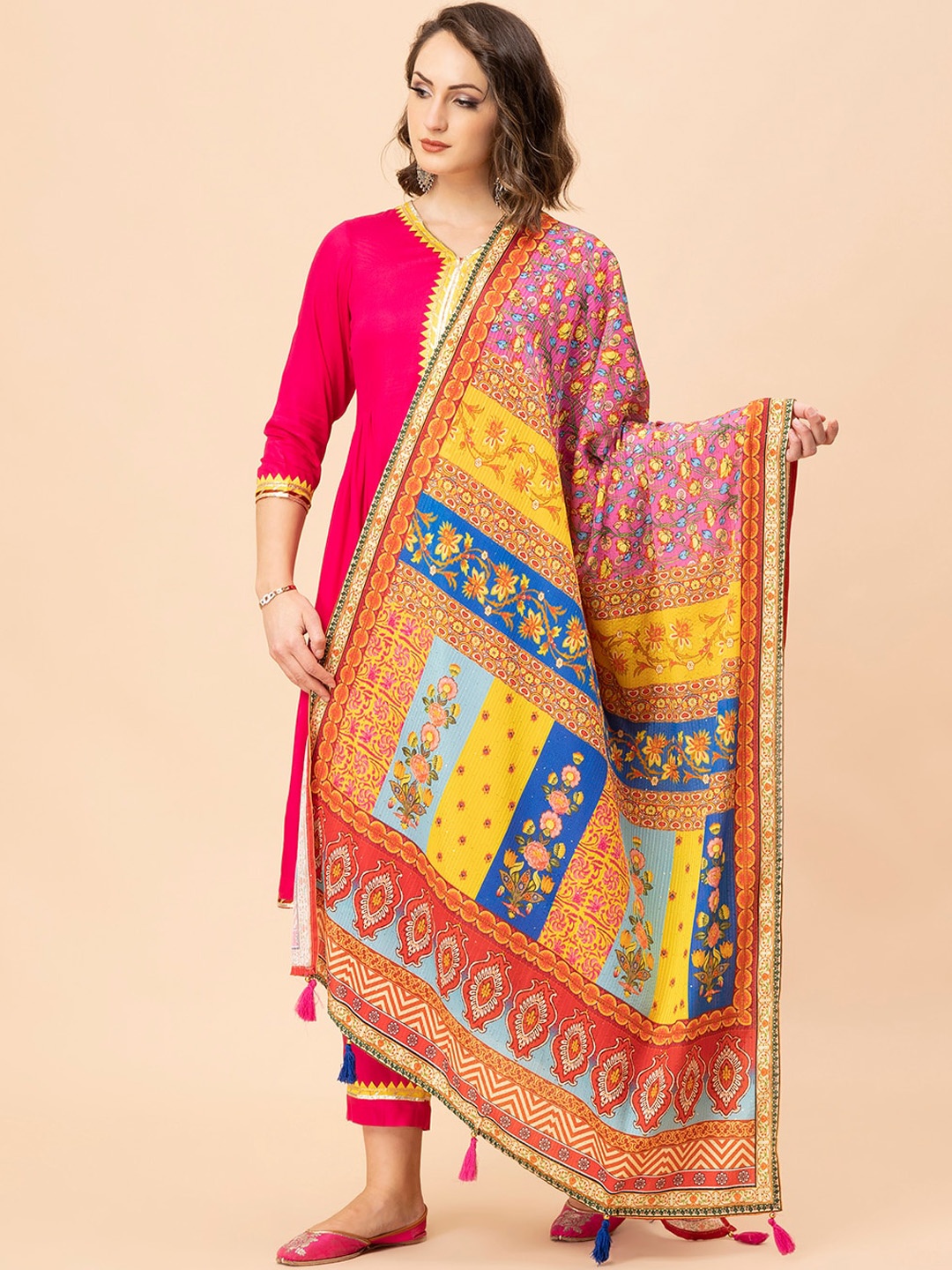 

MILU MADAN Regular Gotta Patti A-Line Kurta with Trousers & Dupatta, Fuchsia