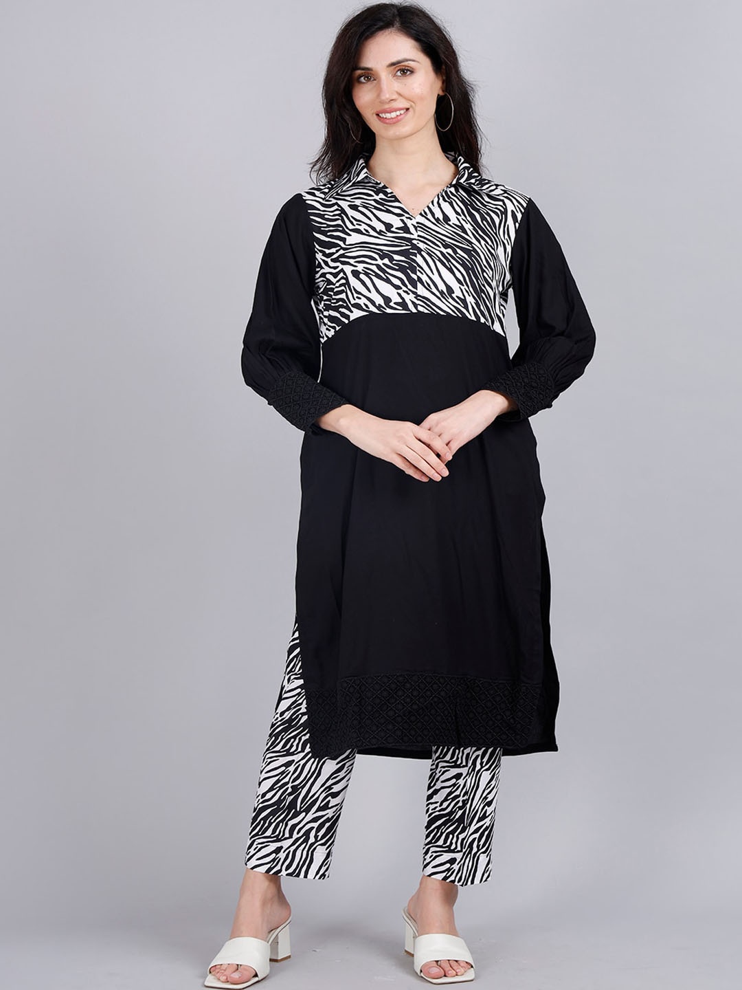 

MILU MADAN Animal Printed Regular Kurta with Trousers, Black