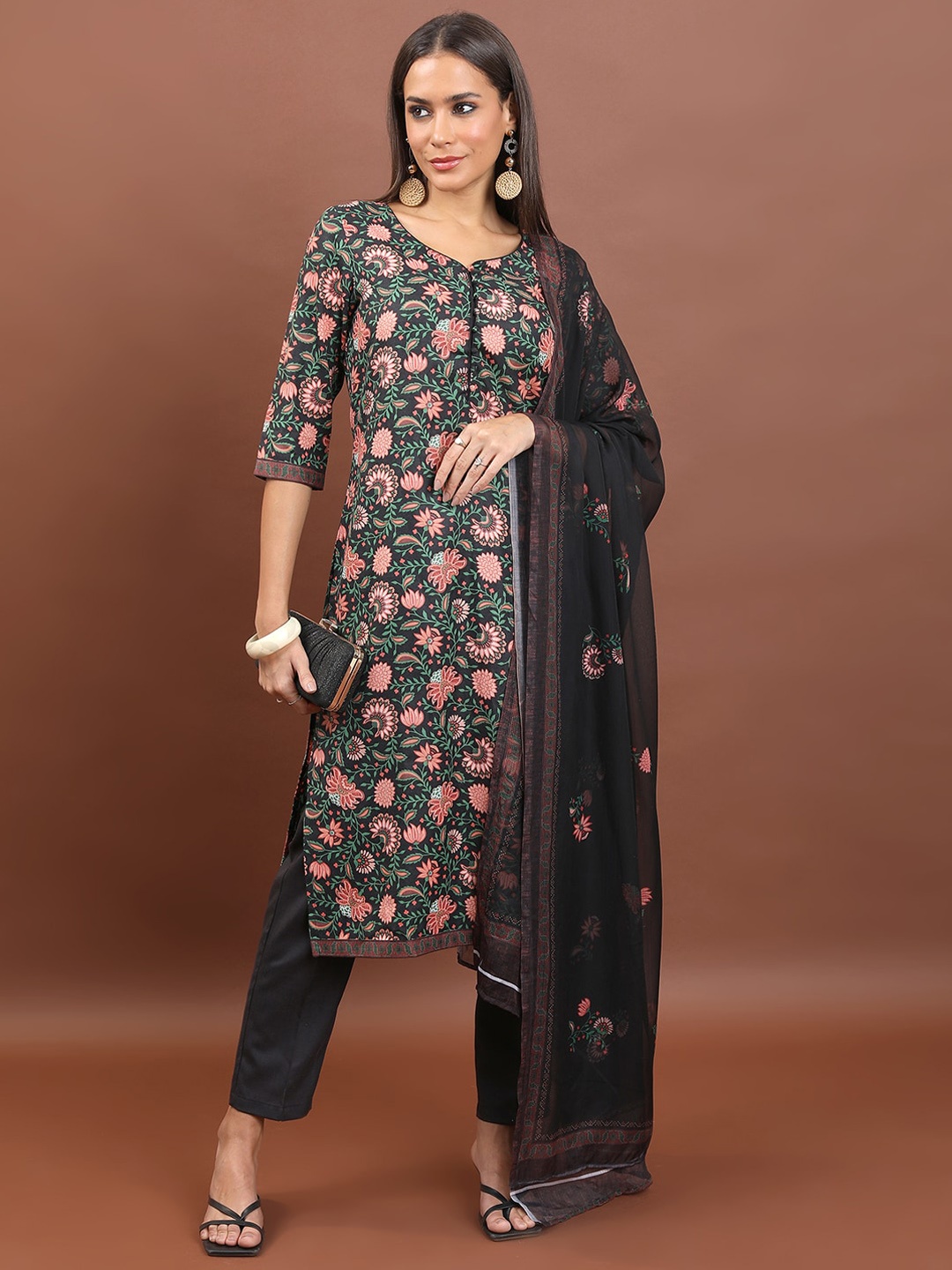 

KETCH Floral Printed Straight Kurta With Trousers & Dupatta, Black