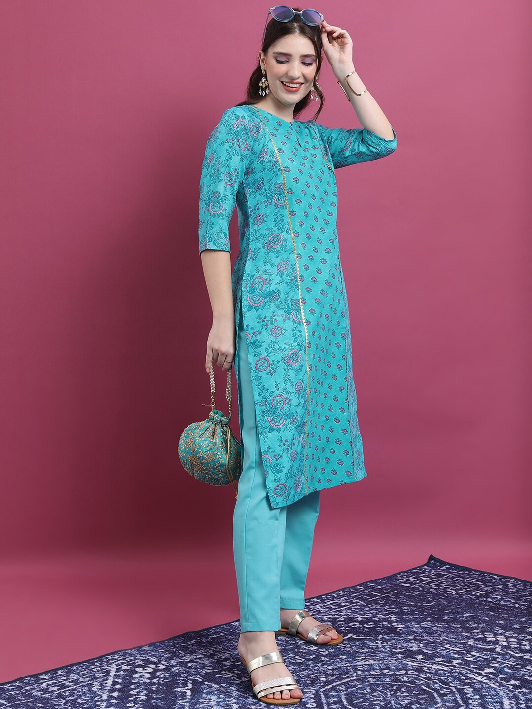 

KETCH Ethnic Motifs Printed Kurta, Turquoise blue