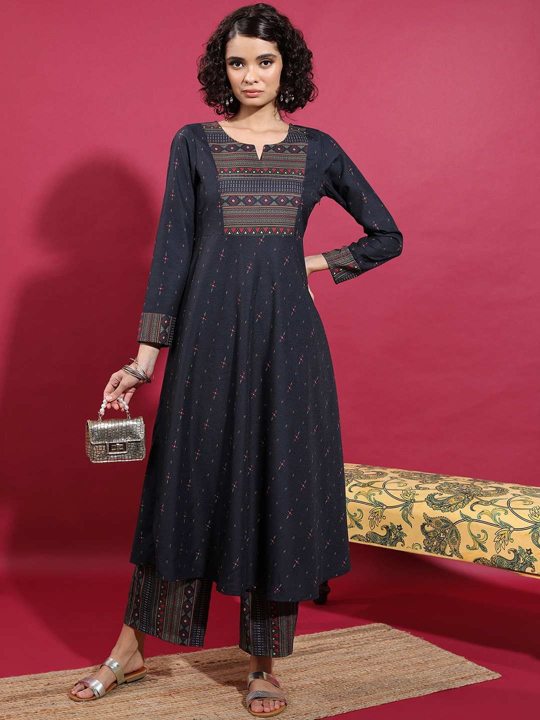 

KETCH Geometric Printed A-Line Kurta with Palazzos, Black