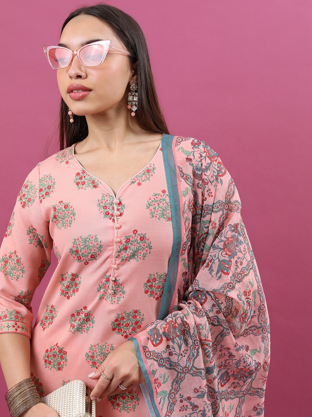 

KETCH Ethnic Motifs Printed Straight Kurta With Trousers & Dupatta, Peach