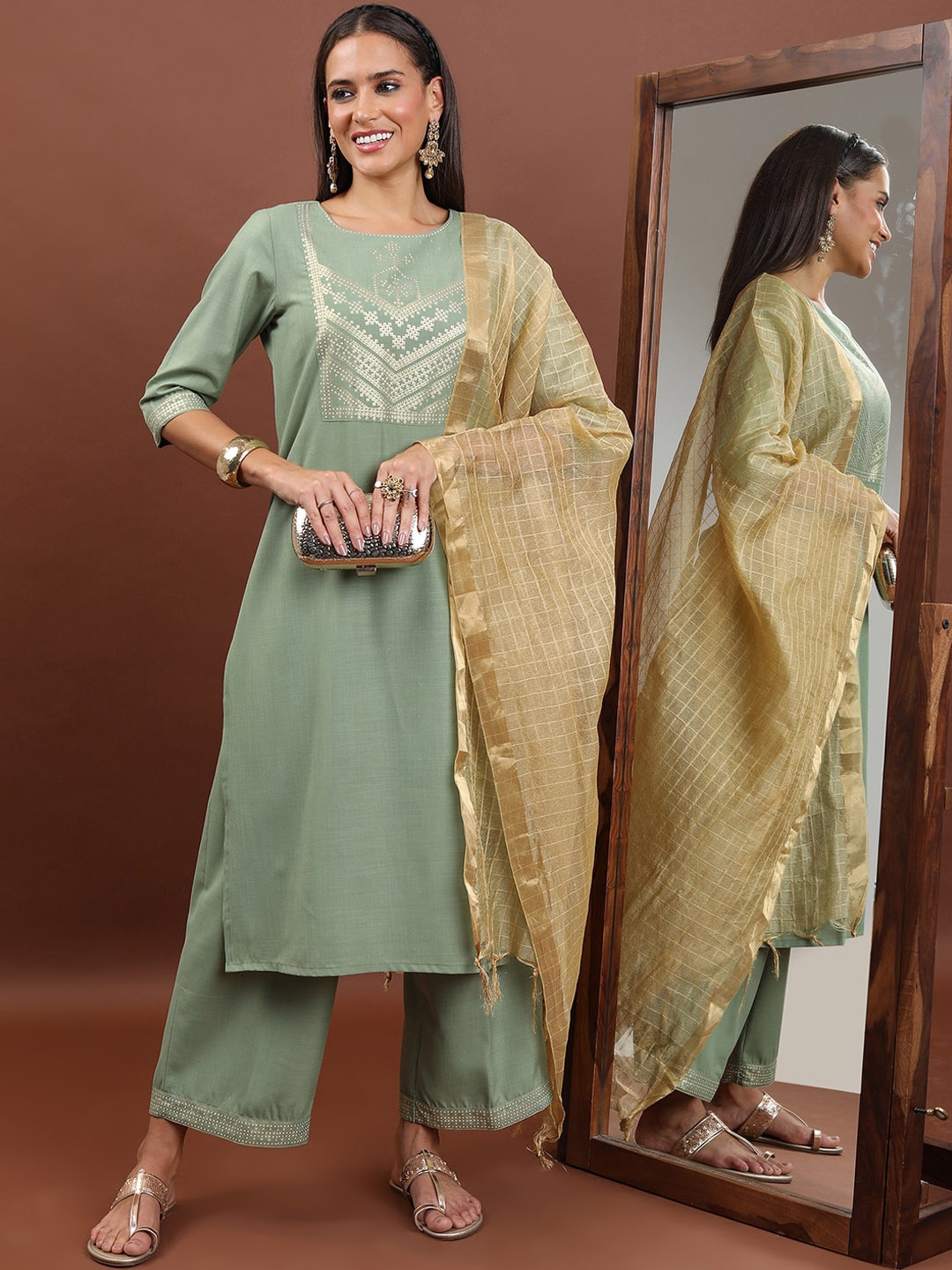 

KETCH Ethnic Motifs Yoke Design Regular Kurta With Palazzos & Dupatta, Green