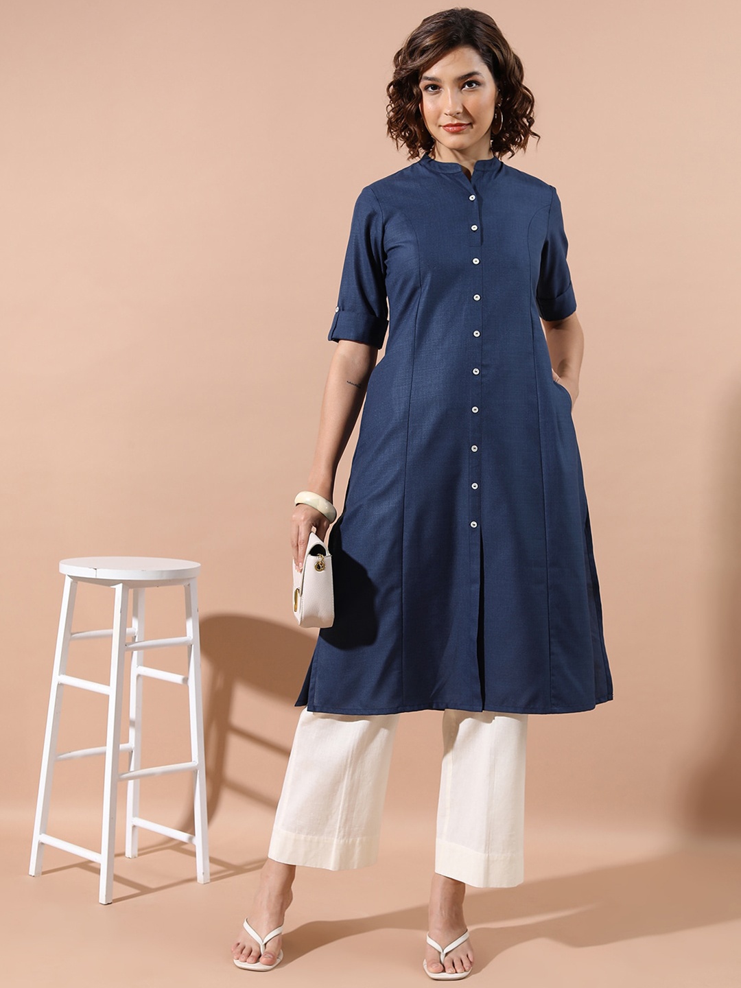 

KETCH Mandarin Collar Roll-Up Sleeves A-Line Kurta, Blue