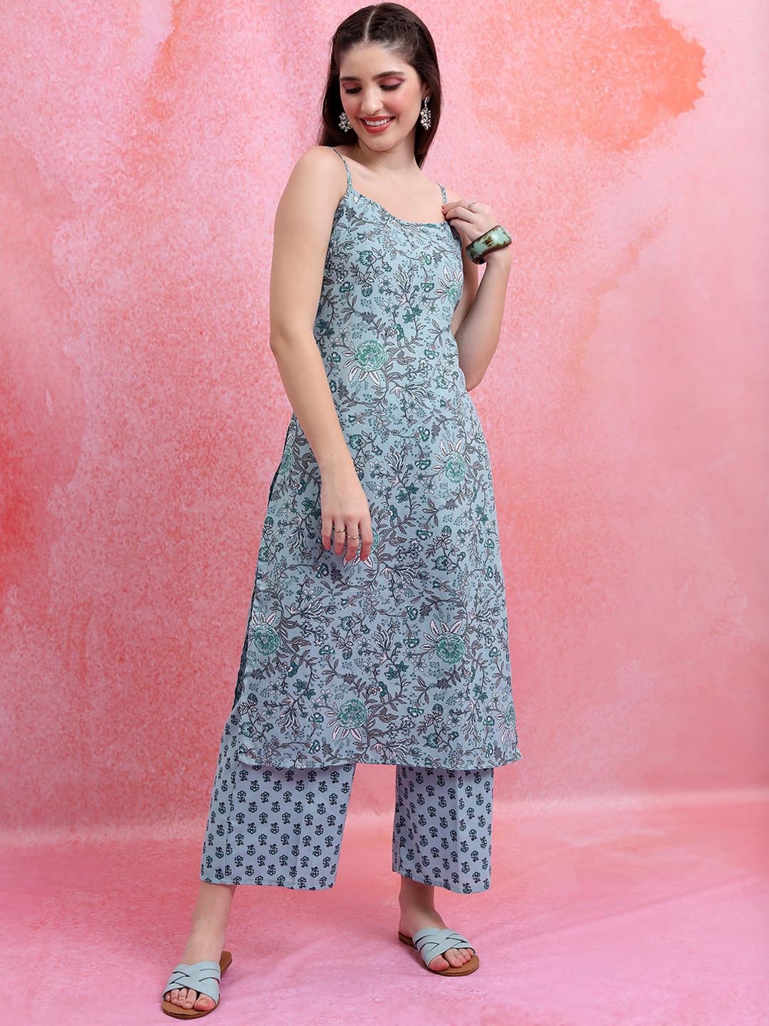 

KETCH Floral Printed Shoulder Straps Regular Kurta with Palazzos, Turquoise blue