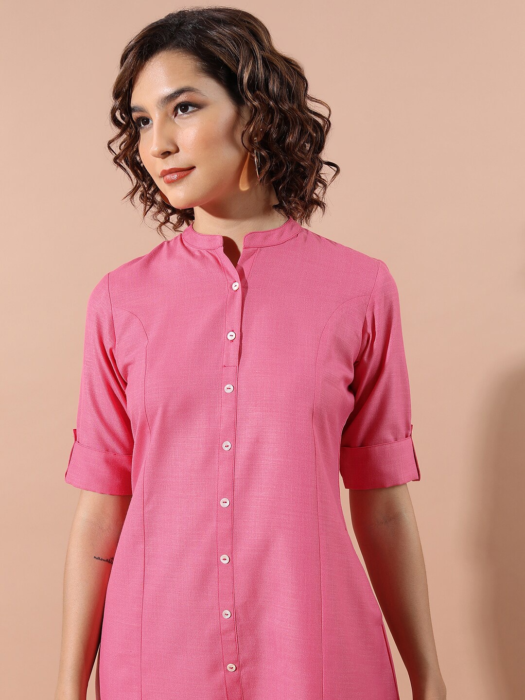 

KETCH Pink Mandarin Collar A-Line Kurta
