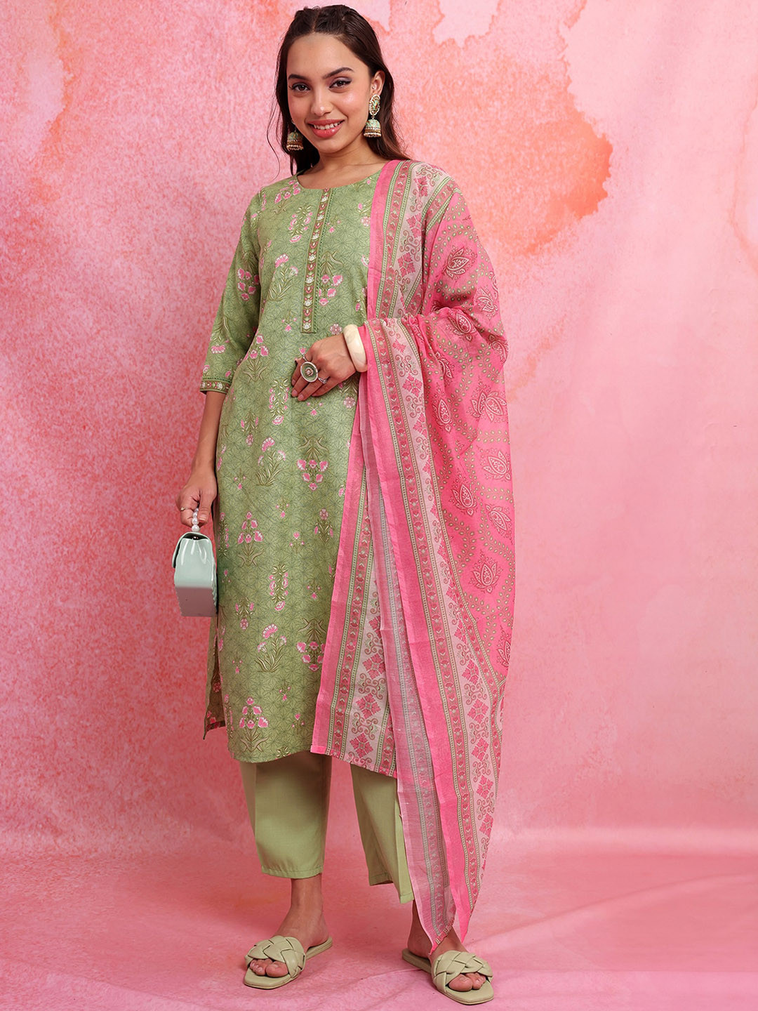 

KETCH Floral Printed Thread Work Kurta with Palazzos & Dupatta, Green