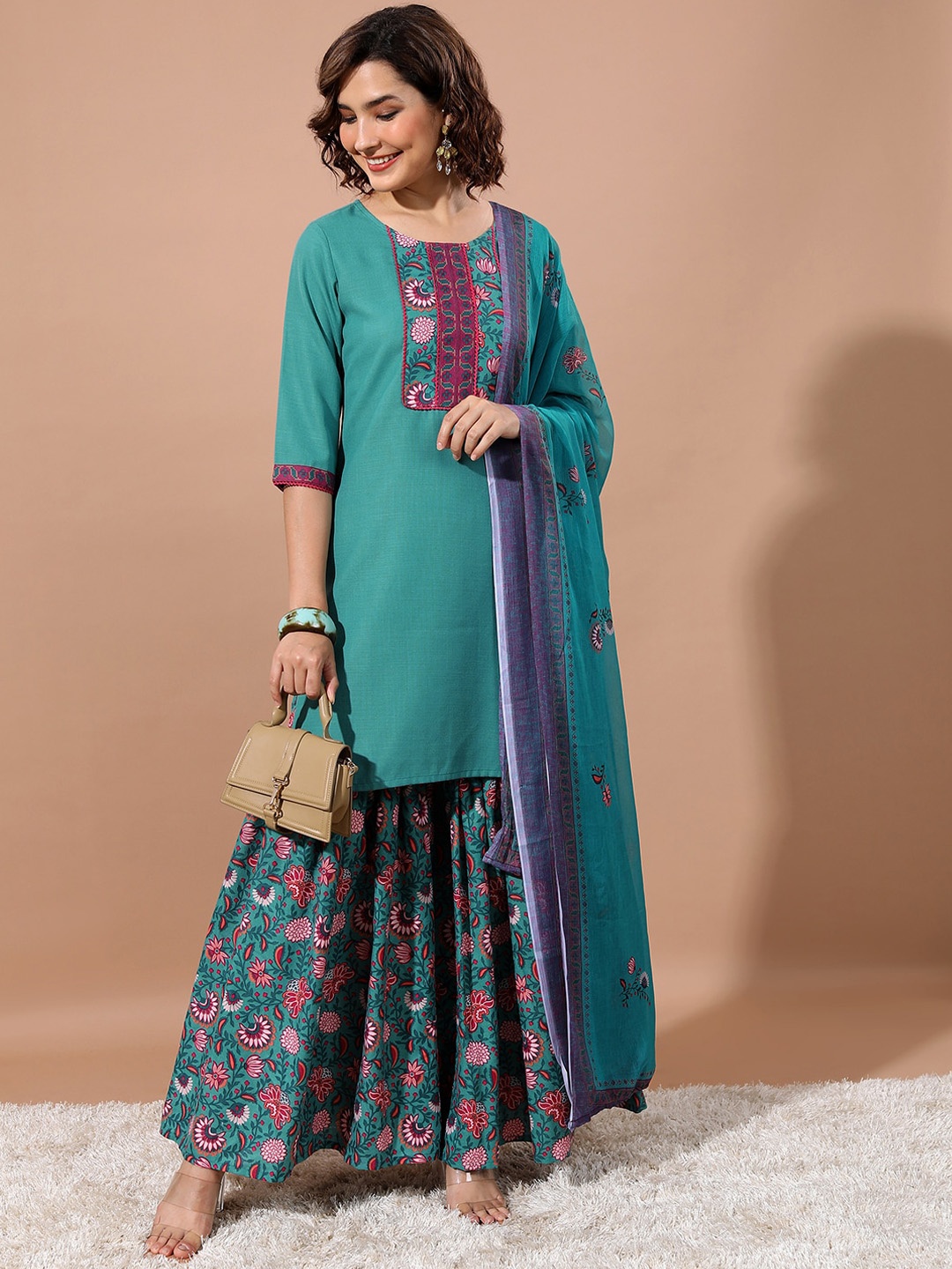 

KETCH Floral Embroidered Regular Kurta with Sharara & Dupatta, Green