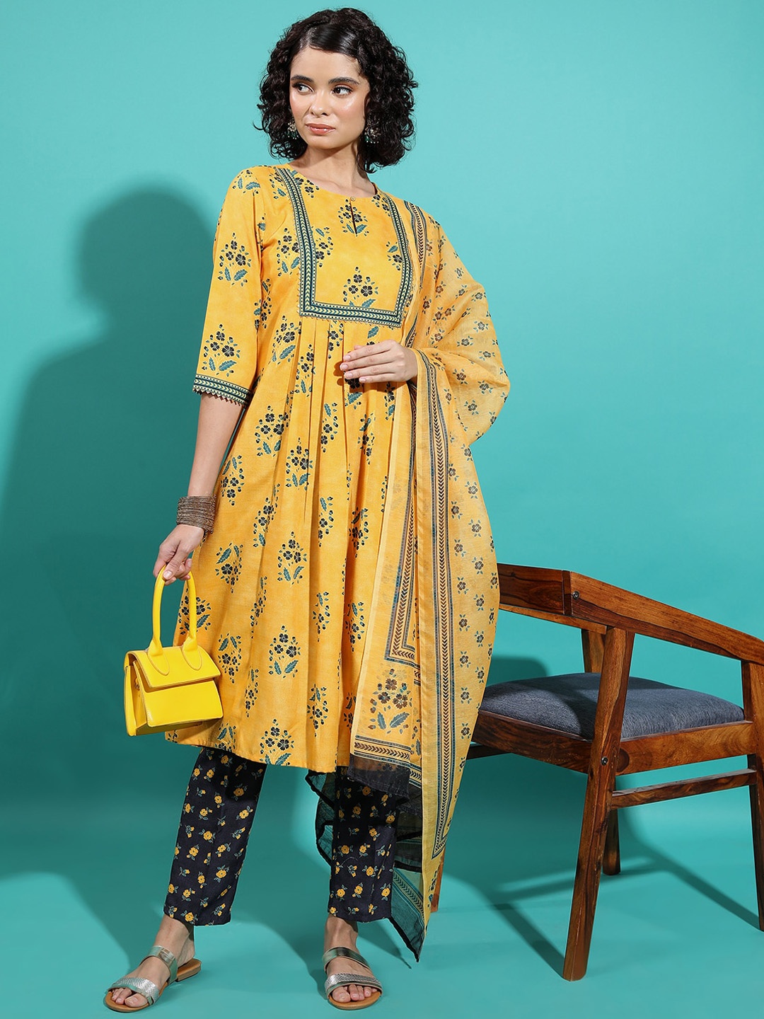 

KETCH Floral Printed Pleated A-Line Kurta with Trousers & Dupatta, Mustard