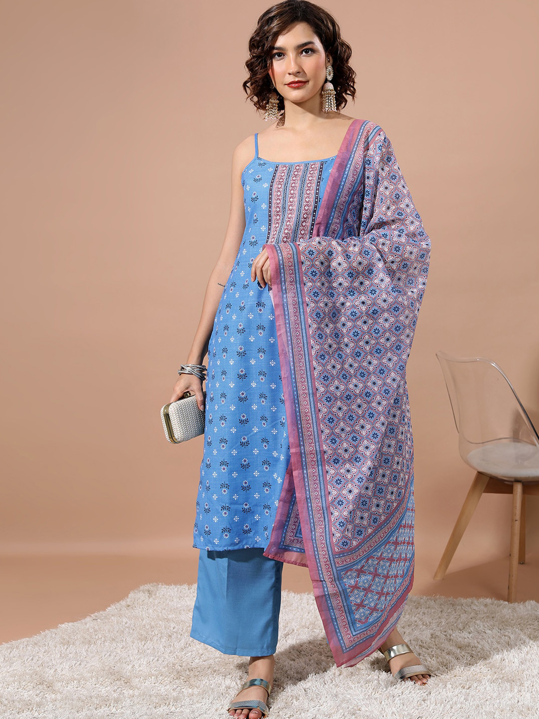 

KETCH Ethnic Motifs Printed Regular Kurta with Palazzos & Dupatta, Blue