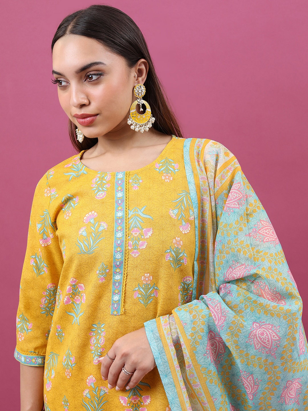 

KETCH Floral Printed Regular Kurta with Palazzos & Dupatta, Yellow