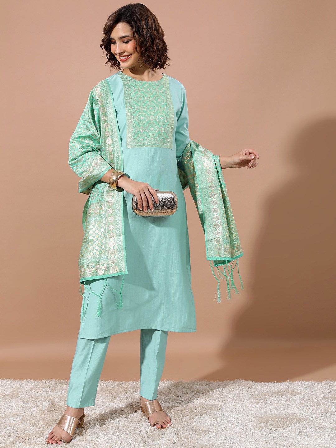 

KETCH Ethnic Motifs Woven Design Regular Kurta With Trousers & Dupatta, Blue