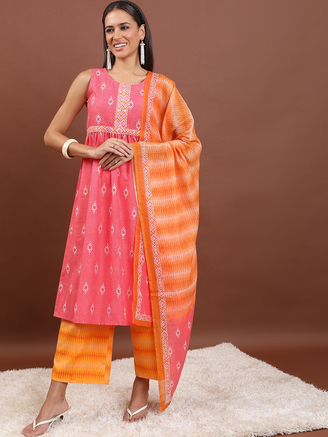 

KETCH Floral Printed A-Line Kurta With Palazzos & Dupatta, Pink