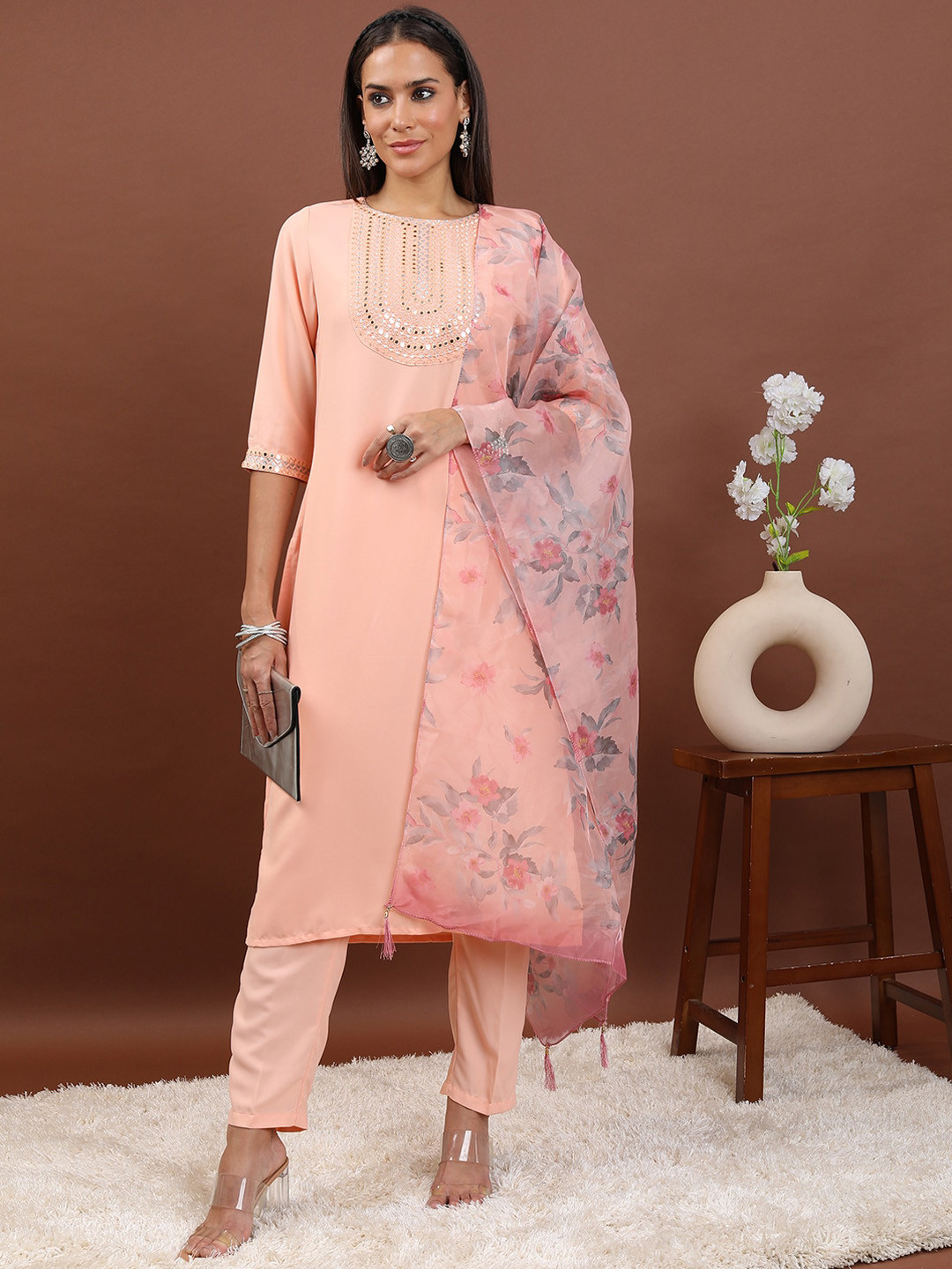 

KETCH Ethnic Motifs Embroidered Regular Mirror Work Kurta With Trousers & Dupatta, Peach