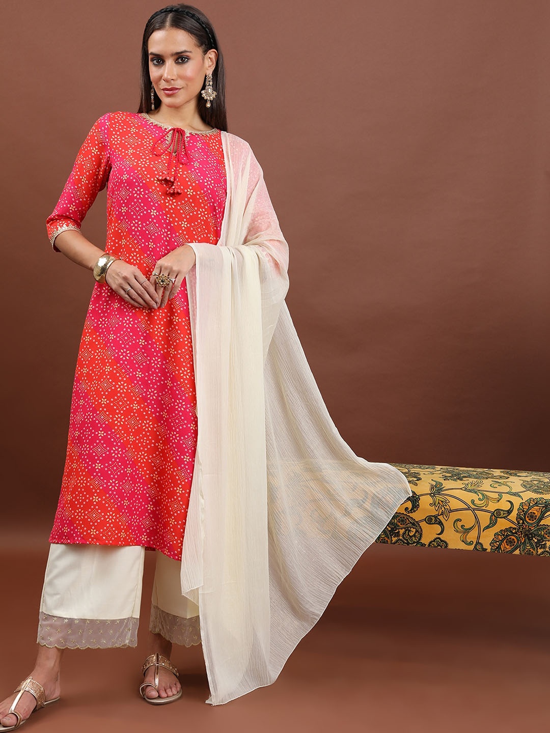 

KETCH Ethnic Motifs Printed Sequinned Kurta With Palazzos & Dupatta, Pink