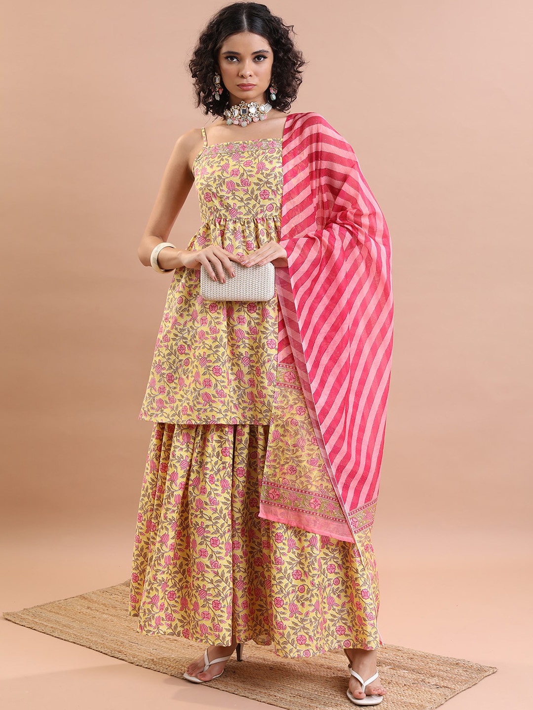 

KETCH Floral Printed Regular Kurta with Sharara & With Dupatta, Yellow