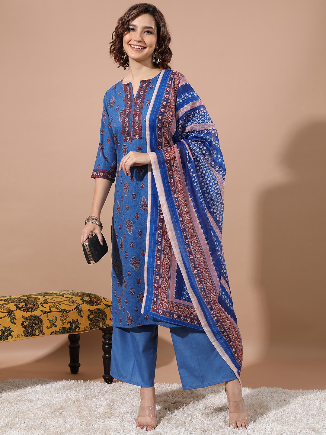 

KETCH Ethnic Motifs Printed Regular Kurta With Palazzos & Dupatta, Blue