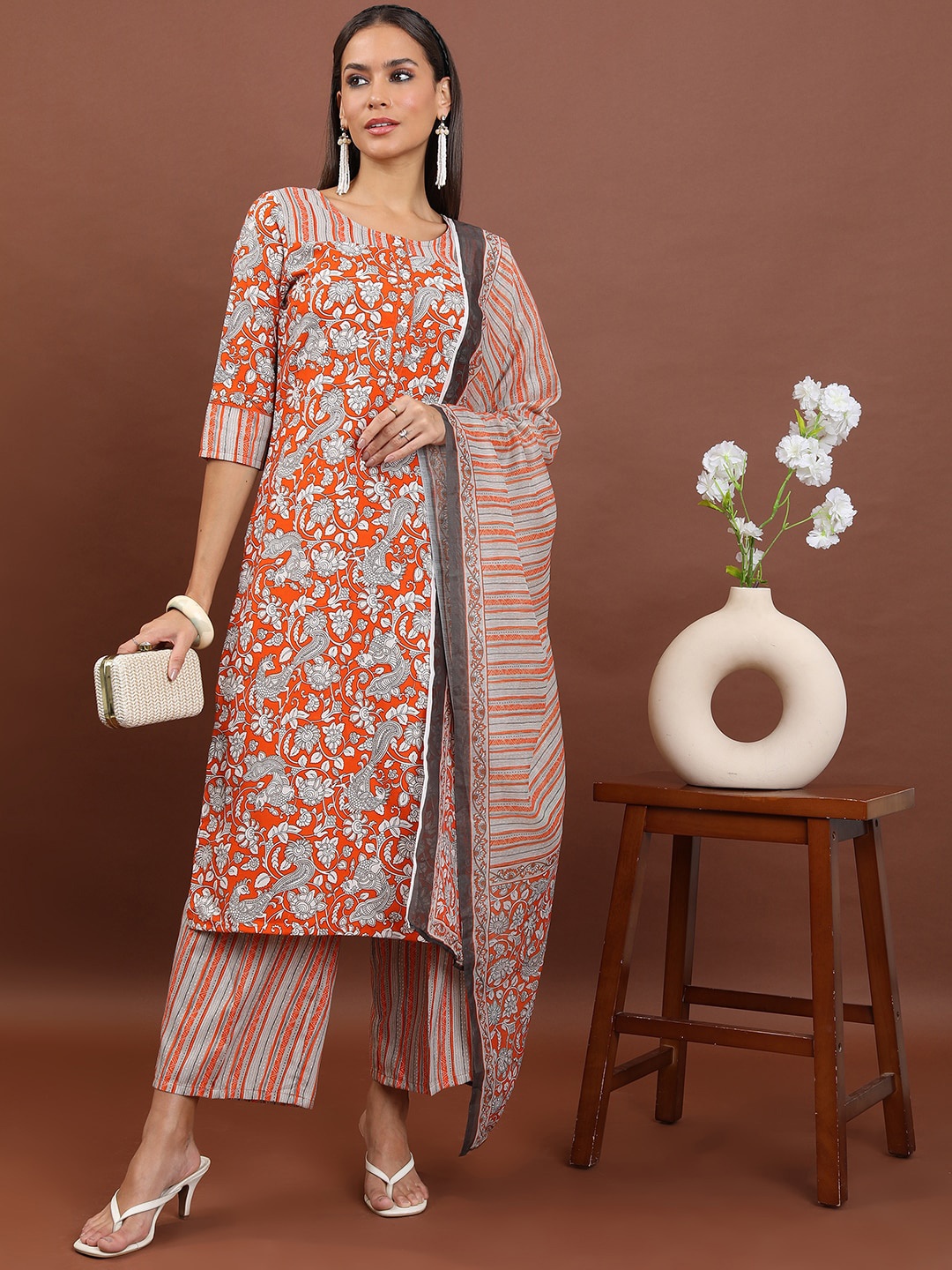 

KETCH Floral Printed Straight Kurta With Palazzos & Dupatta, Rust