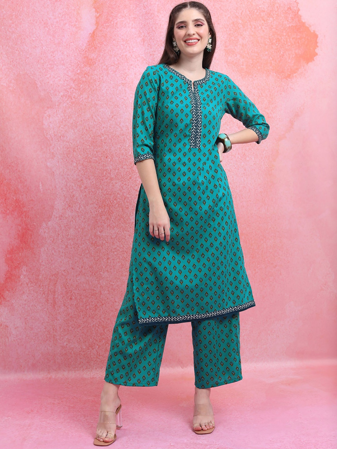 

KETCH Ethnic Motifs Printed Regular Kurta with Palazzos, Teal