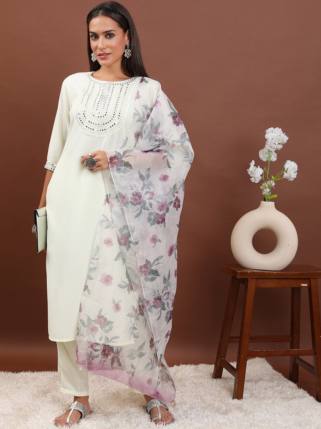 

KETCH Ethnic Motifs Embroidered Mirror Work Kurta With Trousers & Dupatta, Cream