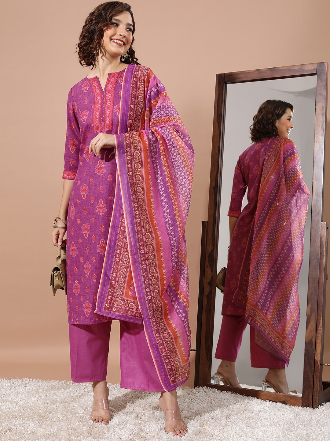 

KETCH Ethnic Motifs Printed Straight Kurta With Palazzos & Dupatta, Magenta