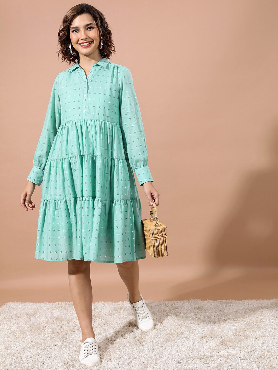 

Vishudh Floral Printed Gathered Tiered Shirt Dress, Sea green