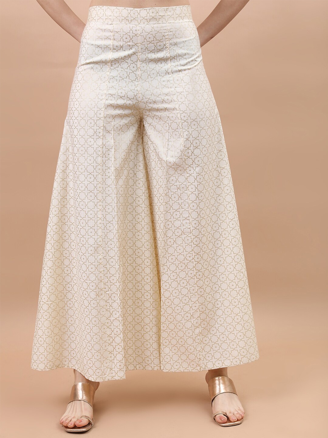 

Vishudh Women Ethnic Motifs Printed Flared Palazzos, Off white