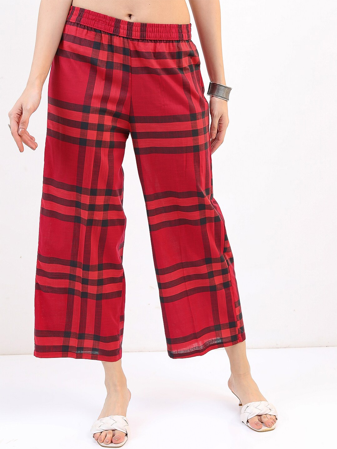

Vishudh Women Checked Cotton Straight Fit Palazzos, Red