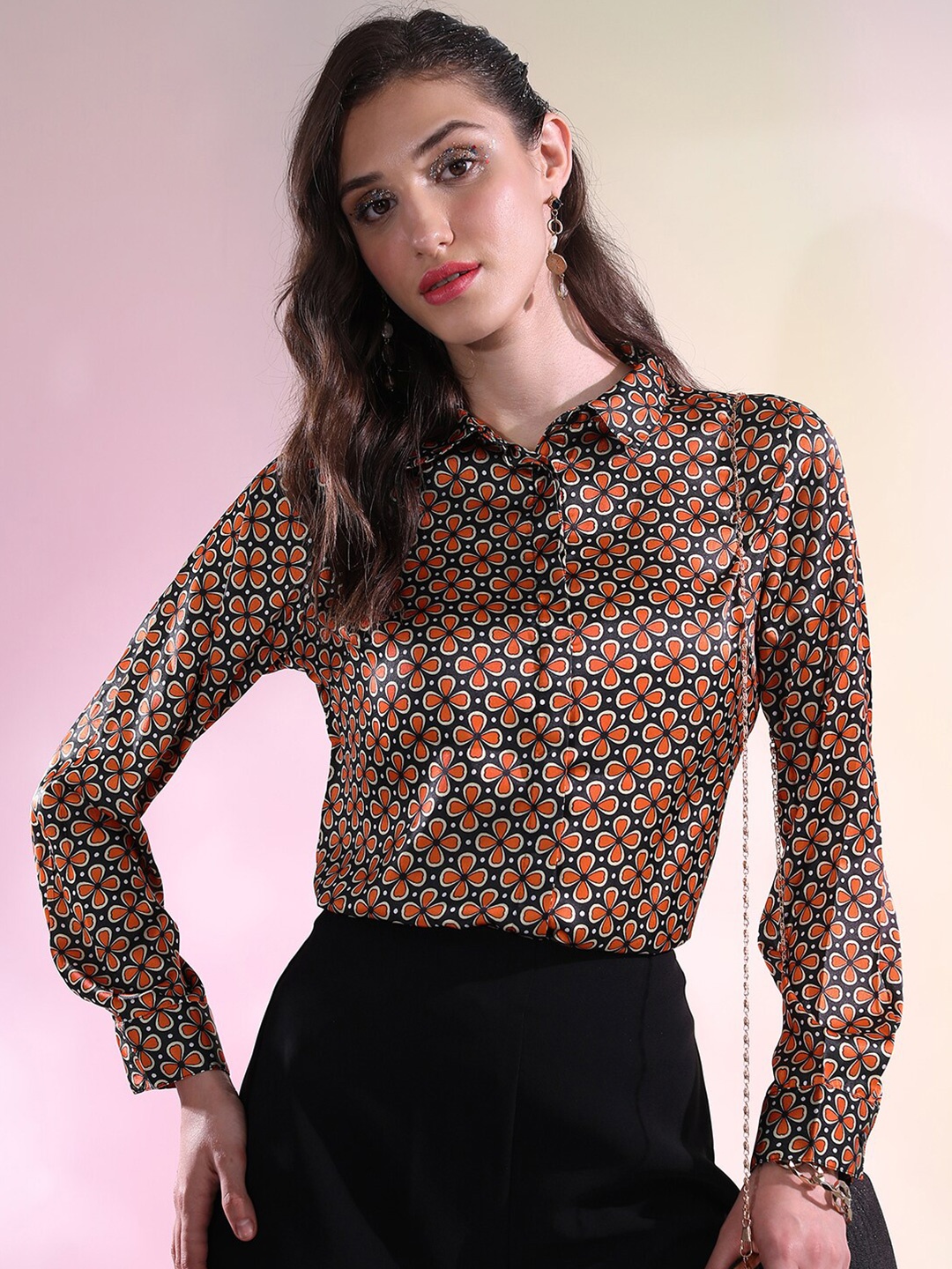 

KETCH Floral Printed Satin Casual Shirt, Orange