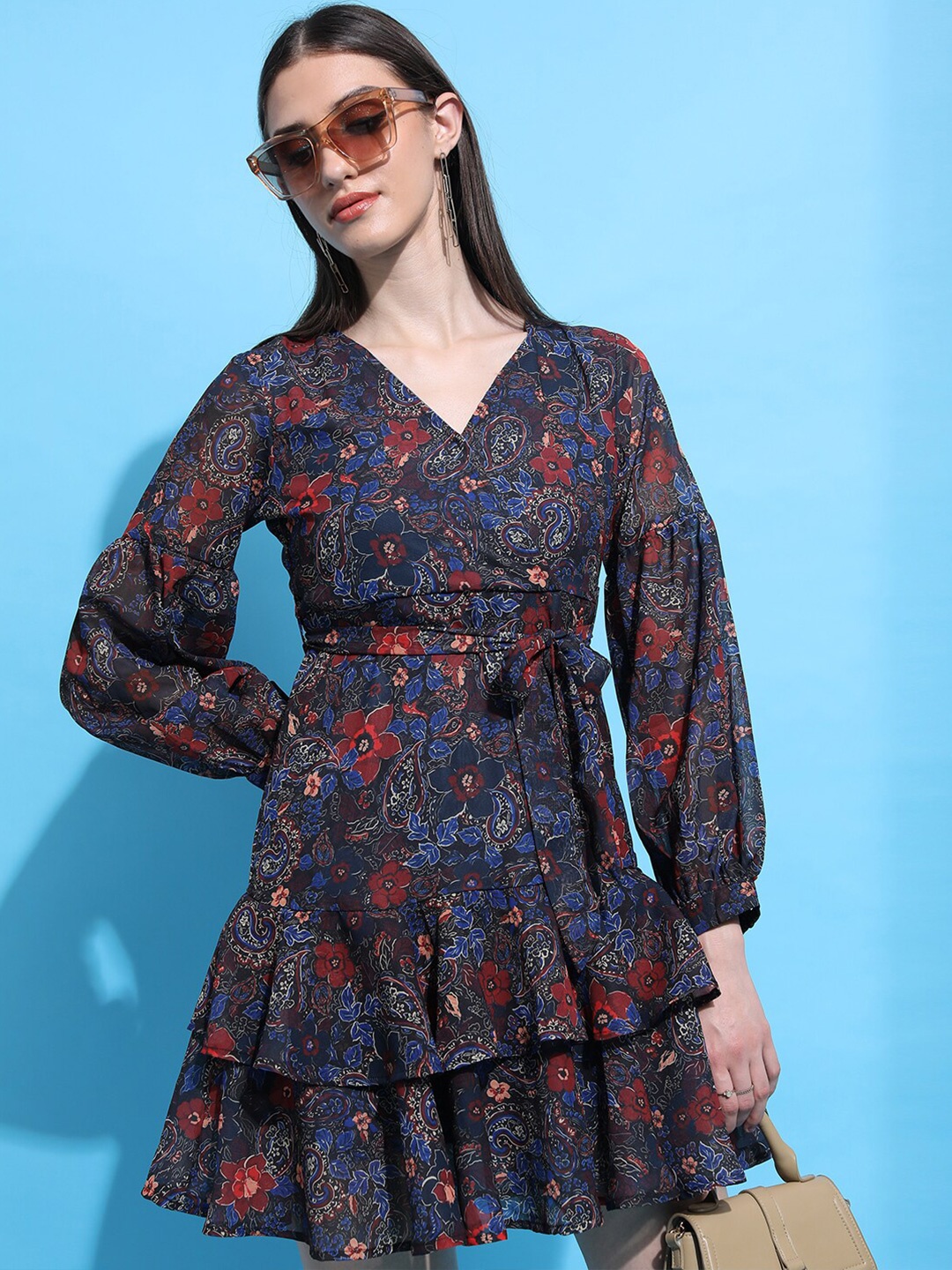 

KETCH Floral Printed Puff Sleeve Tie-Up Fit & Flare Dress, Navy blue