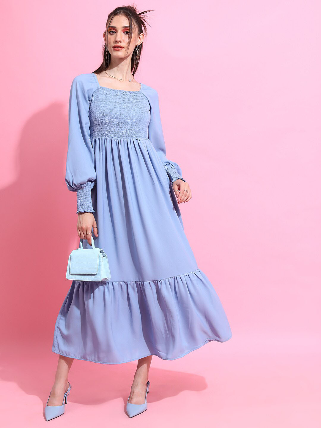 

KETCH Square Neck Smocked Cuffed Sleeves Maxi Dress, Blue
