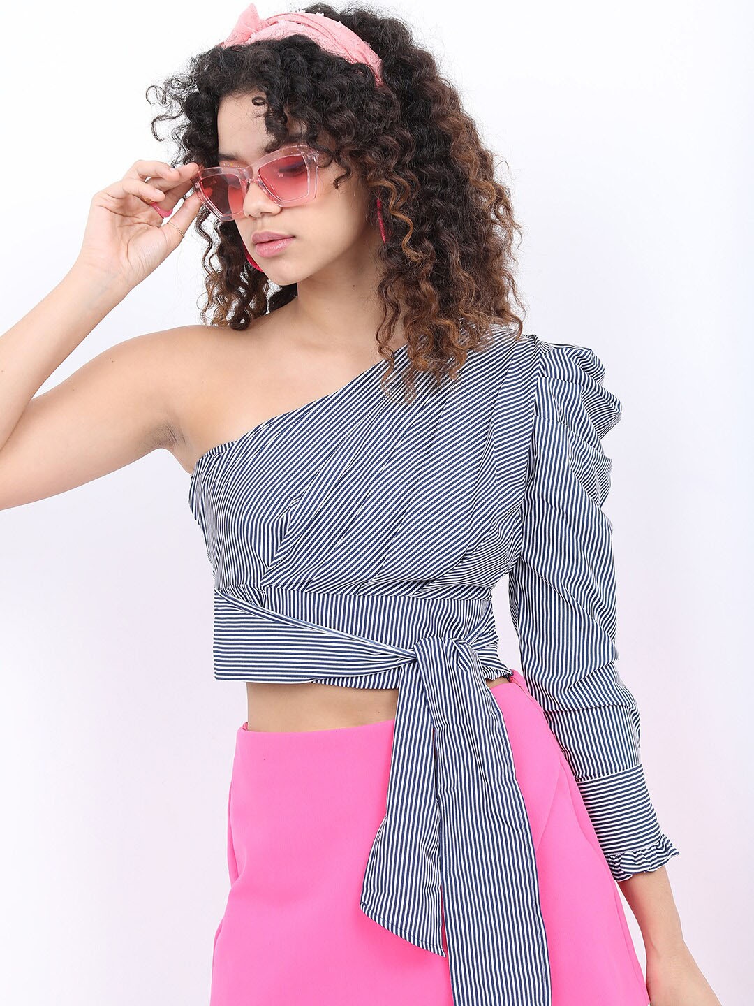 

KETCH Striped One Shoulder Crop Top, Navy blue
