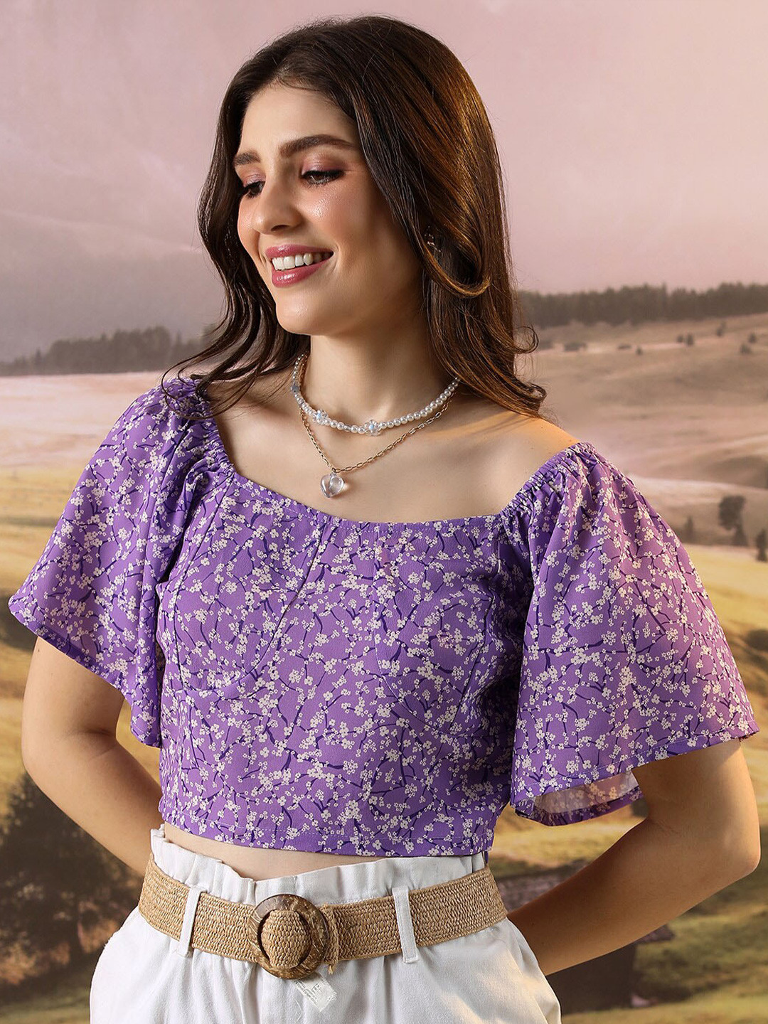 

KETCH Floral Printed Flared Sleeves Crop Top, Purple
