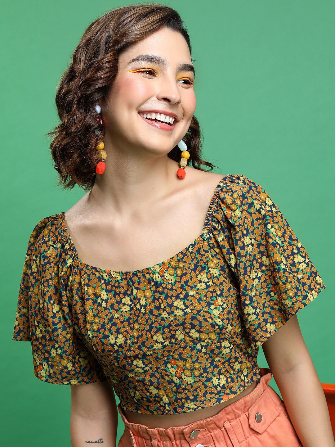 

KETCH Floral Printed Flared Sleeves Crop Top, Navy blue