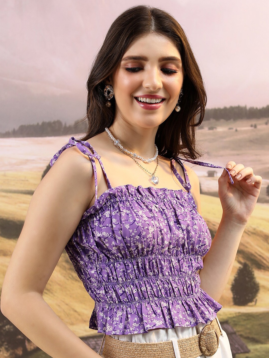 

KETCH Floral Printed Empire Crop Top, Purple