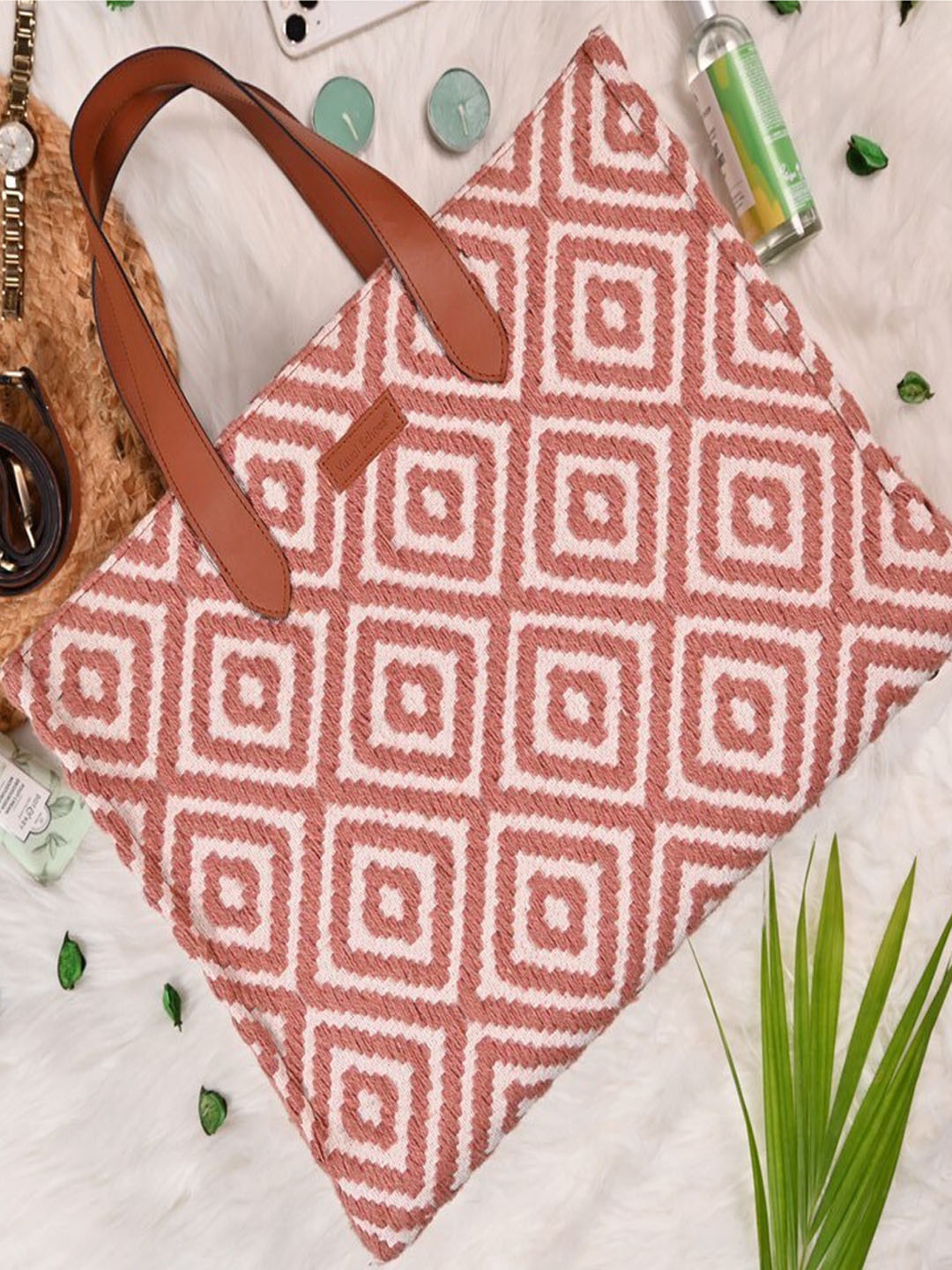 

Visual Echoes Geometric Woven Design Structured Tote Bag - Up To 15 Inch laptop, Pink