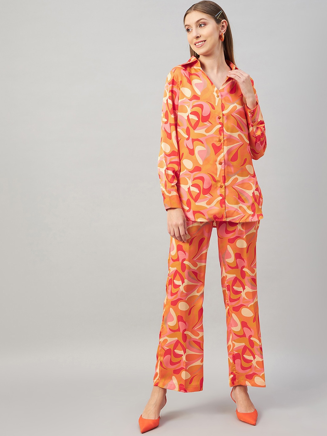 

Chemistry Printed Shirt Collar Shirt With Printed Trousers, Orange