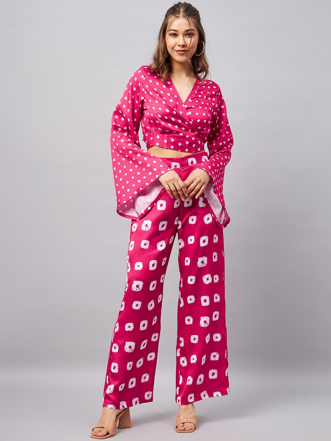 

Chemistry Printed V-Neck Flared Sleeves Top With Trouser, Pink