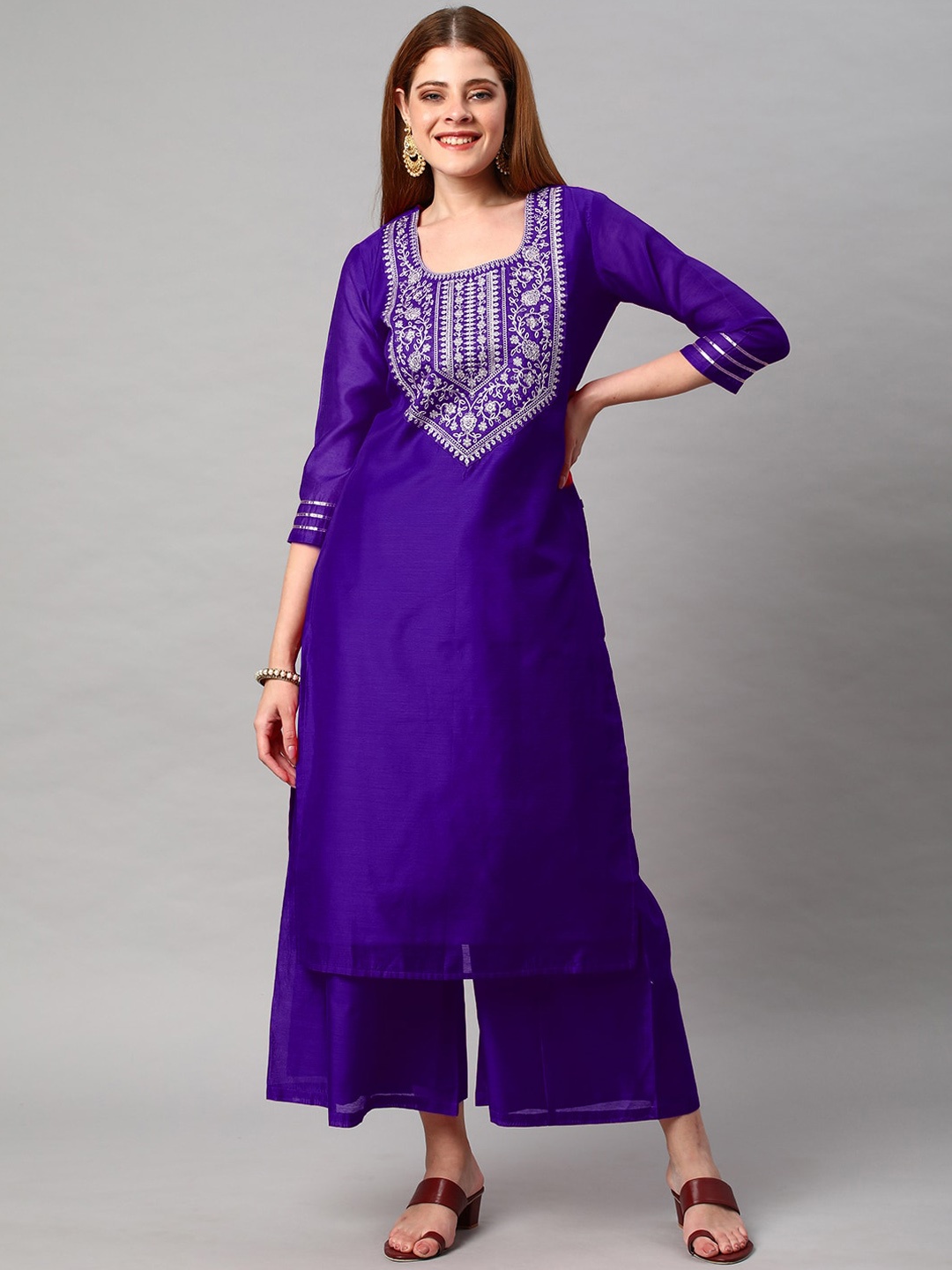 

KALINI Ethnic Motifs Yoke Design Thread Work Kurta with Palazzos & Dupatta, Violet