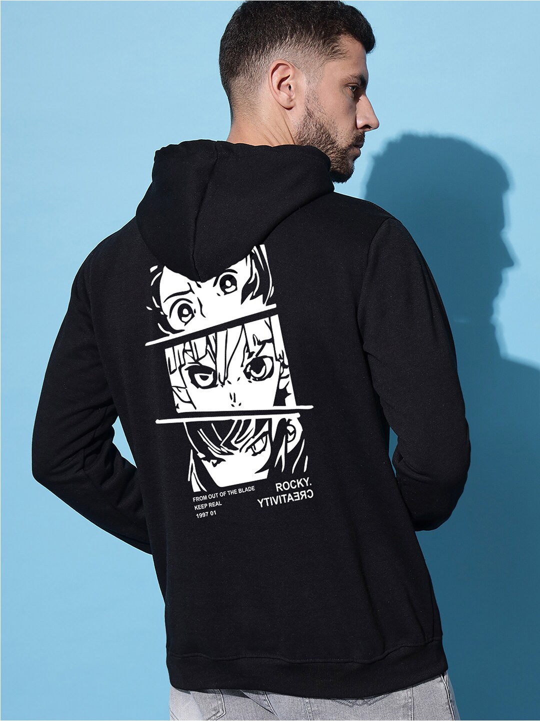 

Imsa Moda Graphic Anime Printed Hooded Fleece Pullover Sweatshirt, Black