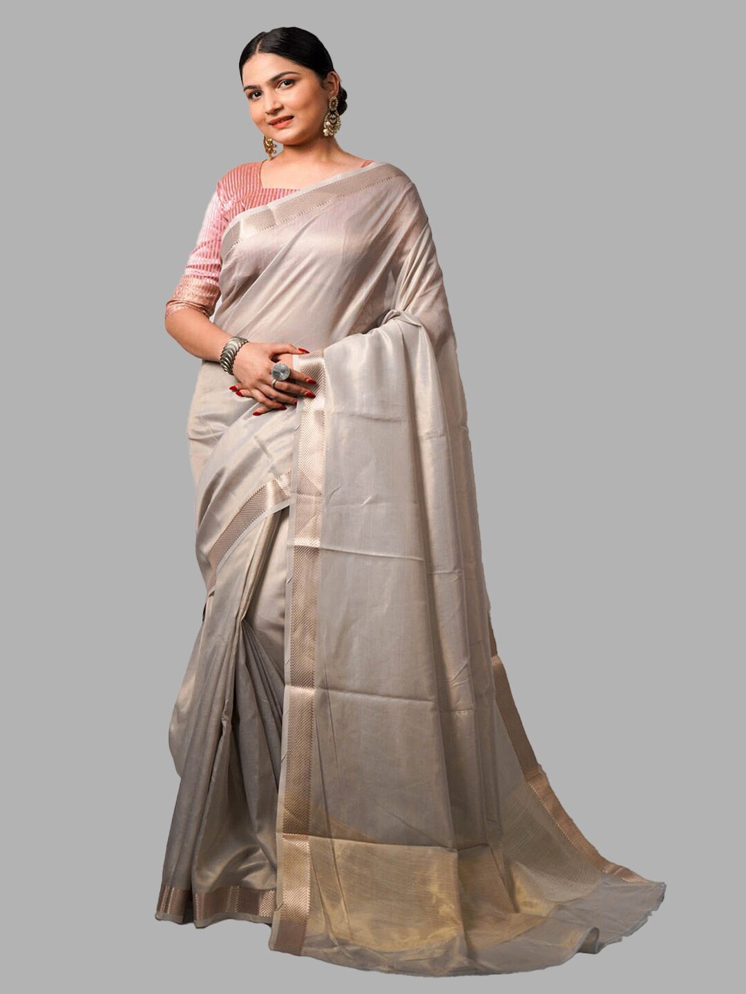 

INsthah Zari Tissue Banarasi Saree, Grey