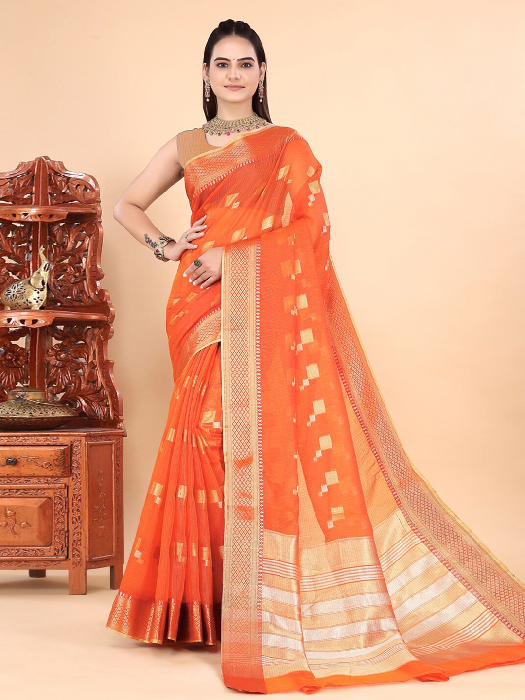 

INsthah Ethnic Motifs Woven Design Zari Pure Silk Banarasi Saree, Orange