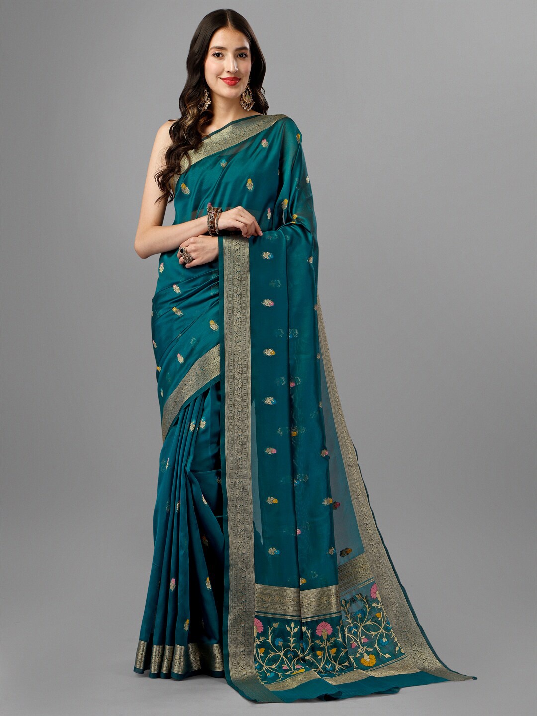 

INsthah Ethnic Motif Woven Design Zari Organza Banarasi Saree, Teal