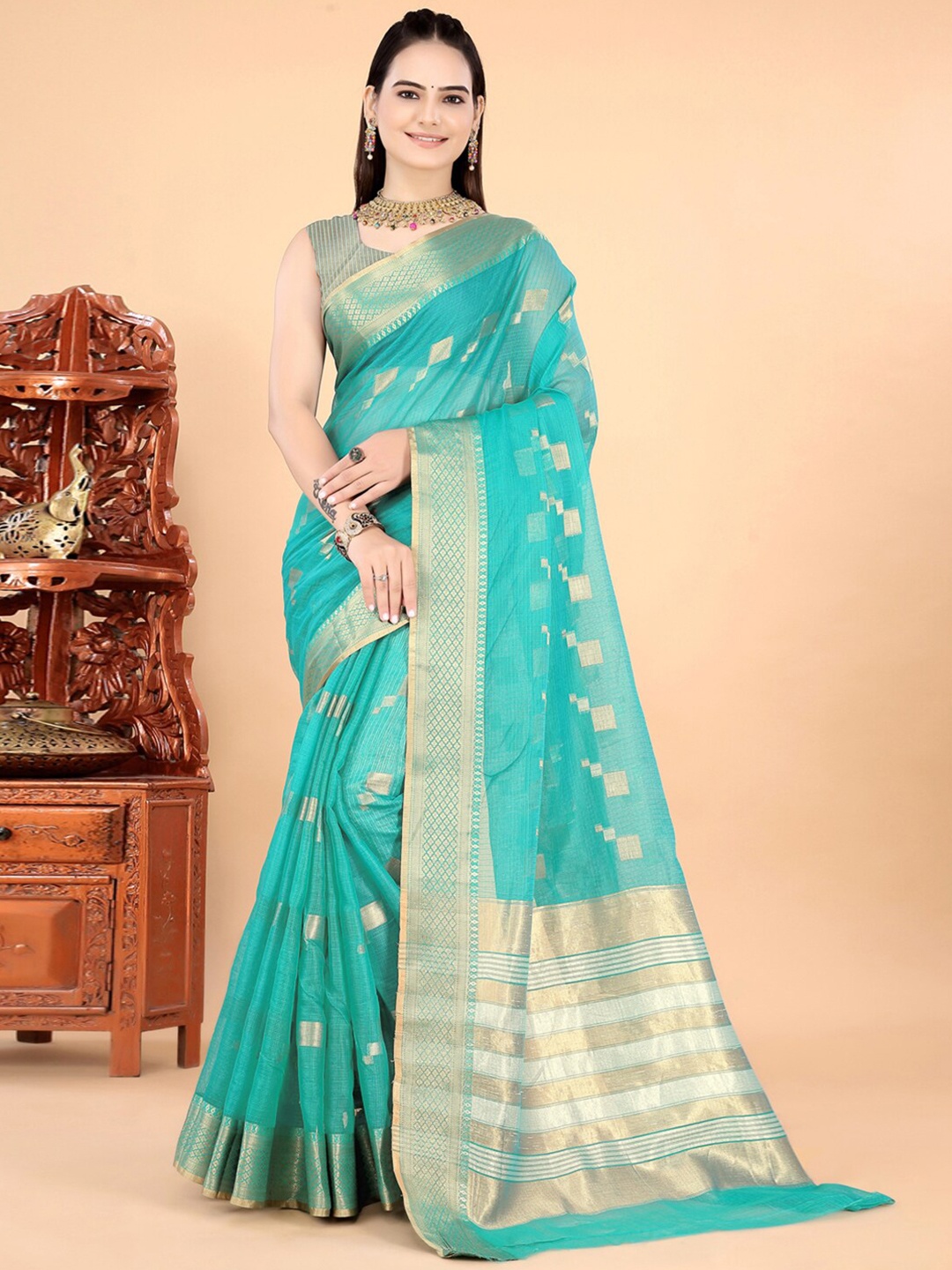 

INsthah Ethnic Motifs Woven Design Zari Pure Silk Banarasi Saree, Sea green