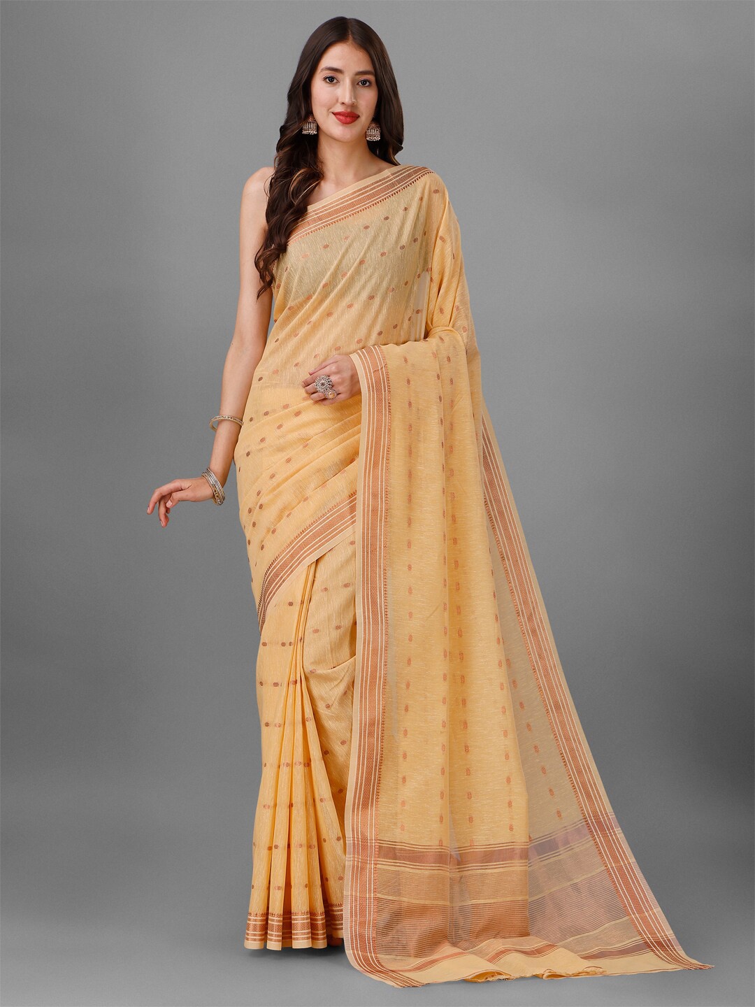 

INsthah Ethnic Motif Woven Design Zari Pure Linen Banarasi Saree, Yellow