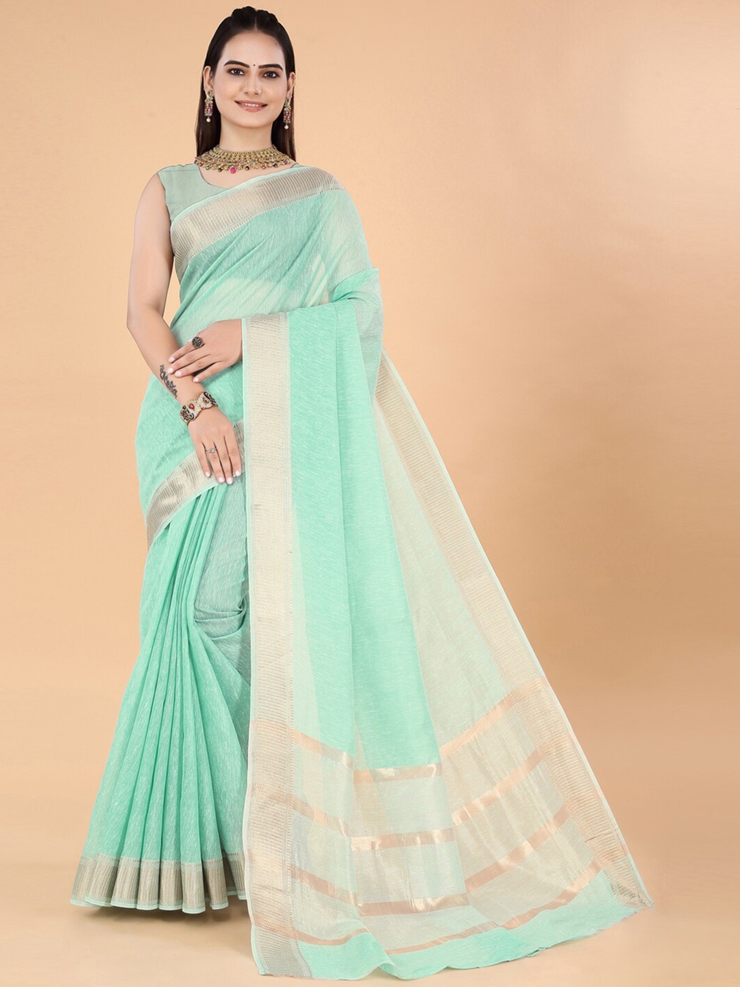 

INsthah Zari Pure Linen Saree, Sea green
