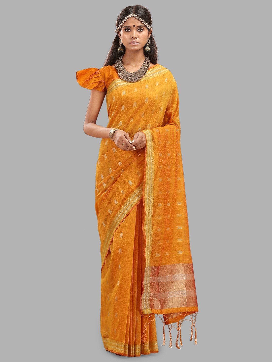 

INsthah Ethnic Motifs Woven Design Zari Pure Linen Saree, Yellow
