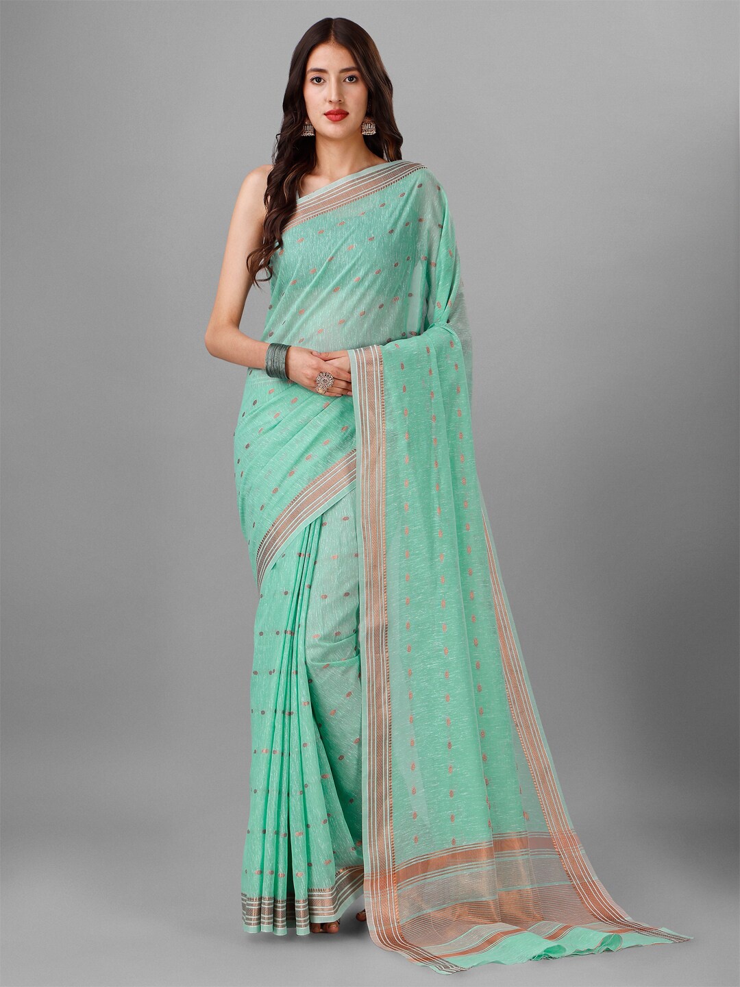 

INsthah Woven Design Zari Pure Linen Saree, Sea green