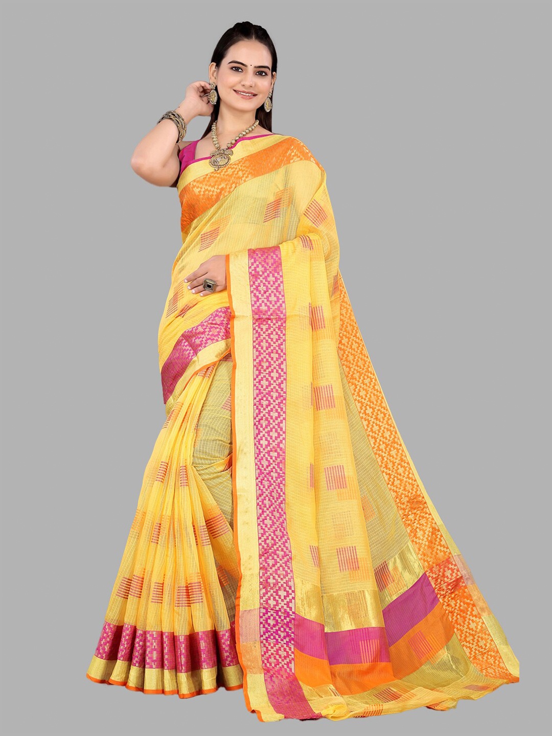 

INsthah Woven Design Zari Pure Silk Maheshwari Saree, Yellow